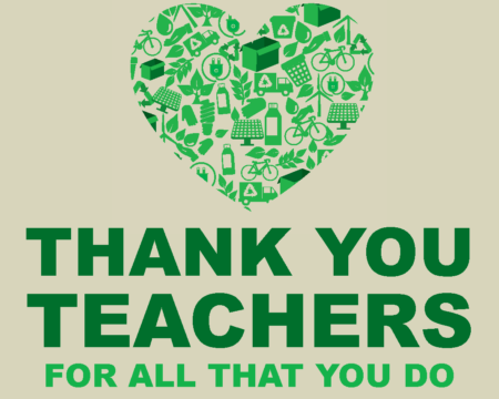 Beige background with green text reading Thank You Teachers for all that you do. Set above the text is a heart made out of sustainability icons.