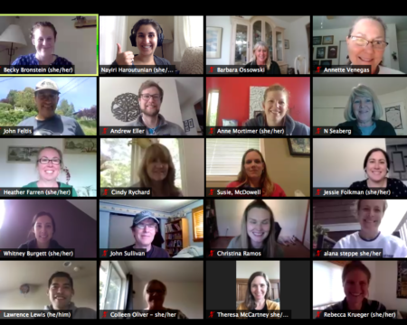 Screenshot showing a Zoom gallery view of educators faces at a recent online STEM Seminar.