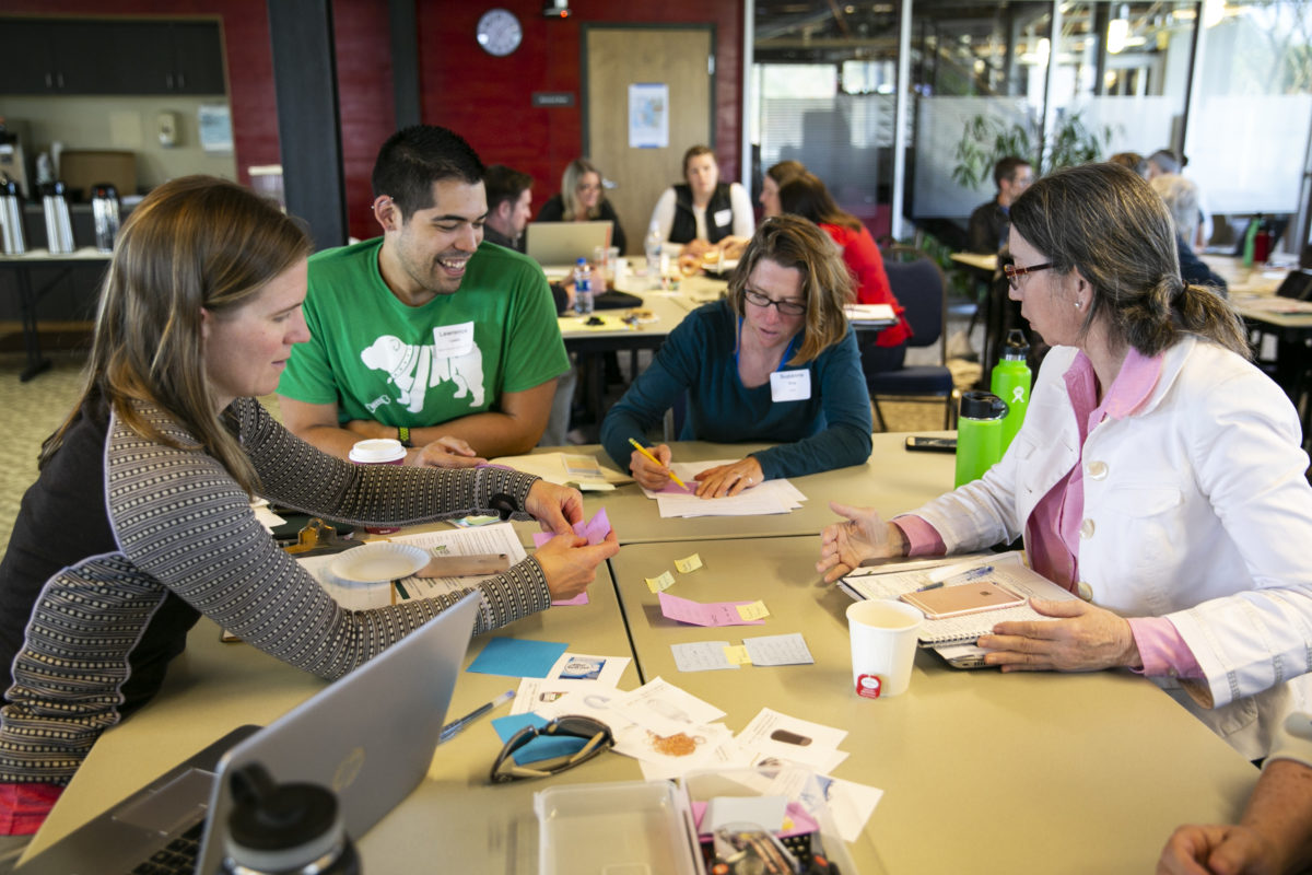 4 teachers sit at a table at a ClimEd training