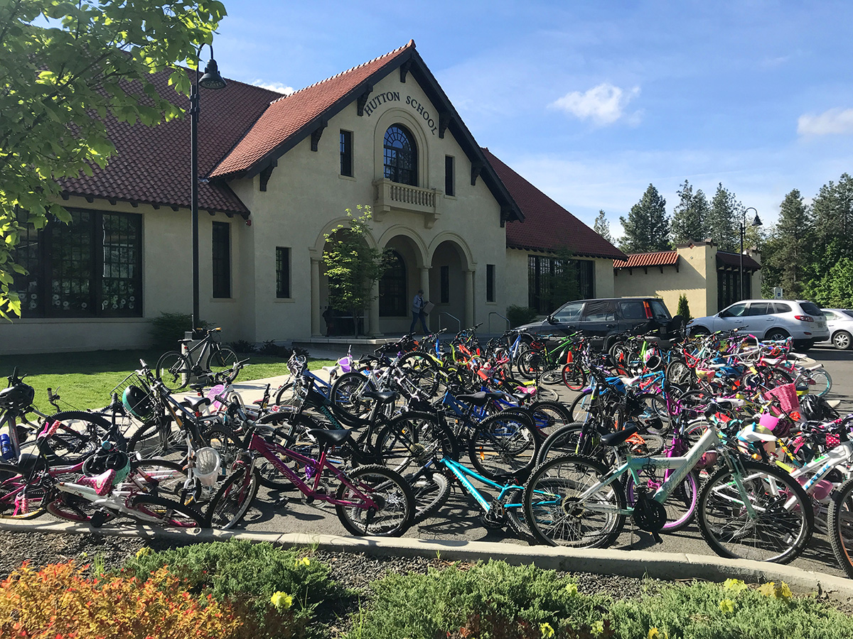 A sea of bikes parked in front of Hutton Elementary School. 