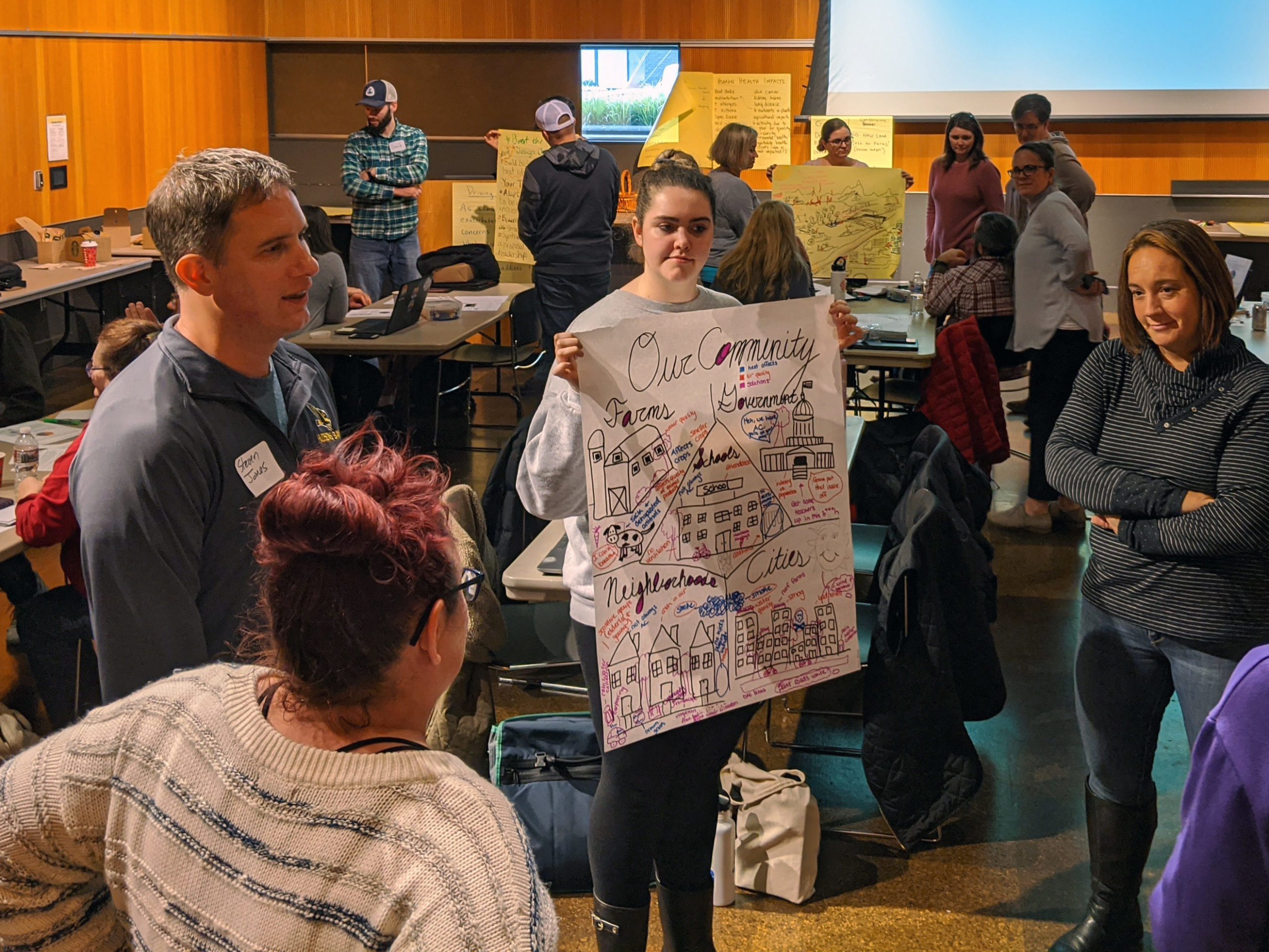 Educators stand in a circle at a STEM Seminar, in the center one educator holds a large sheet of paper with a sketched model showing the words Our Community.