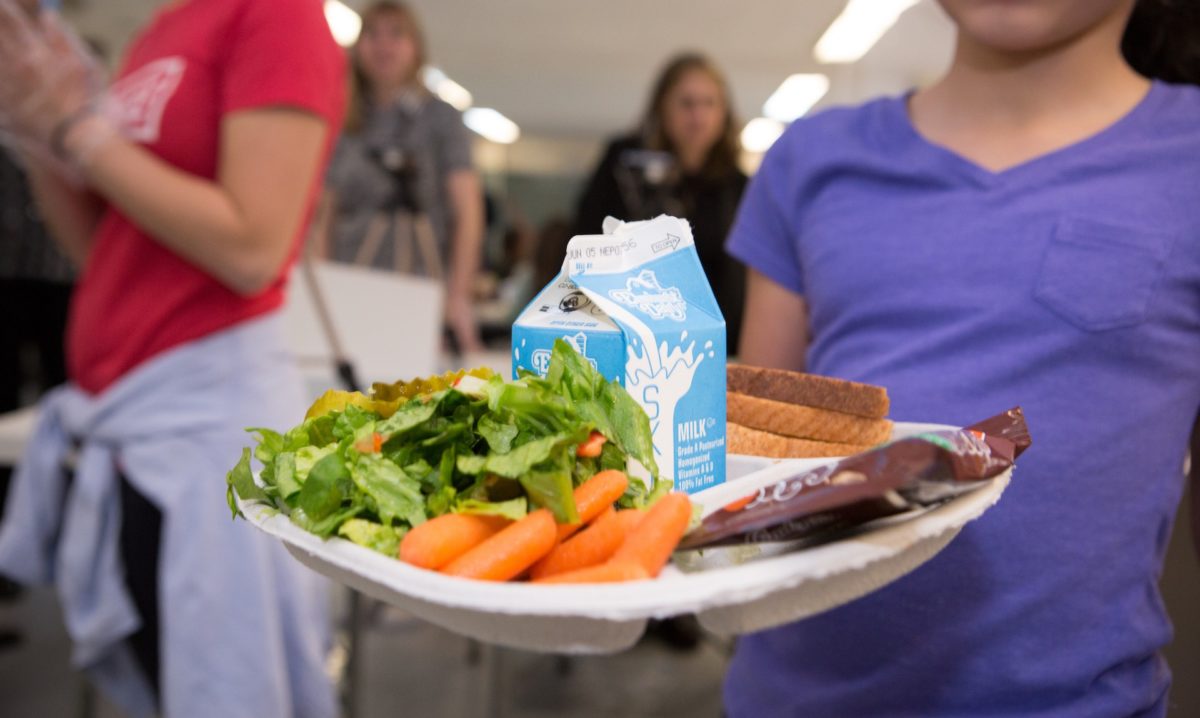 Close up of a school lunch tray being held in a student's hand