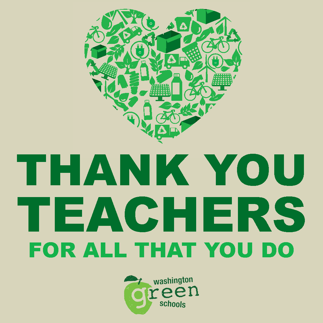 Beige background with green text reading Thank You Teachers for all that you do. Set above the text is a heart made out of sustainability icons.