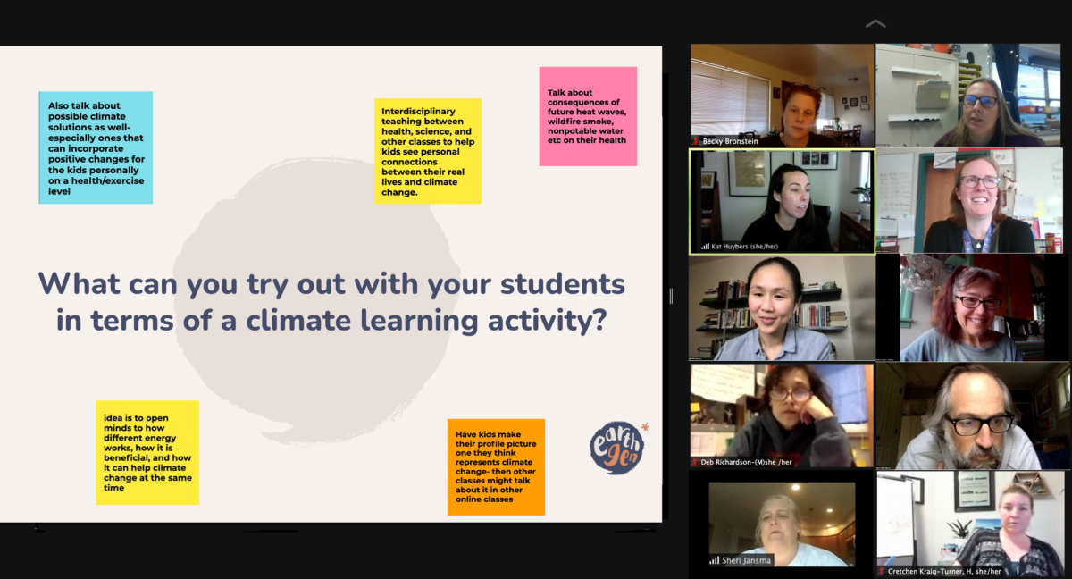 Zoom screenshot of teachers at an online training using Jamboard to share their ideas with one another.