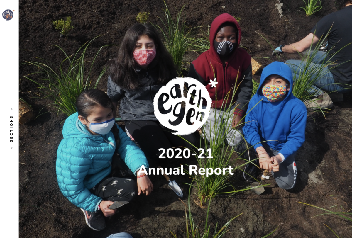 Cover of EarthGen 2020-21 Annual Report with photo of 4 children looking at the camera pausing from planting.