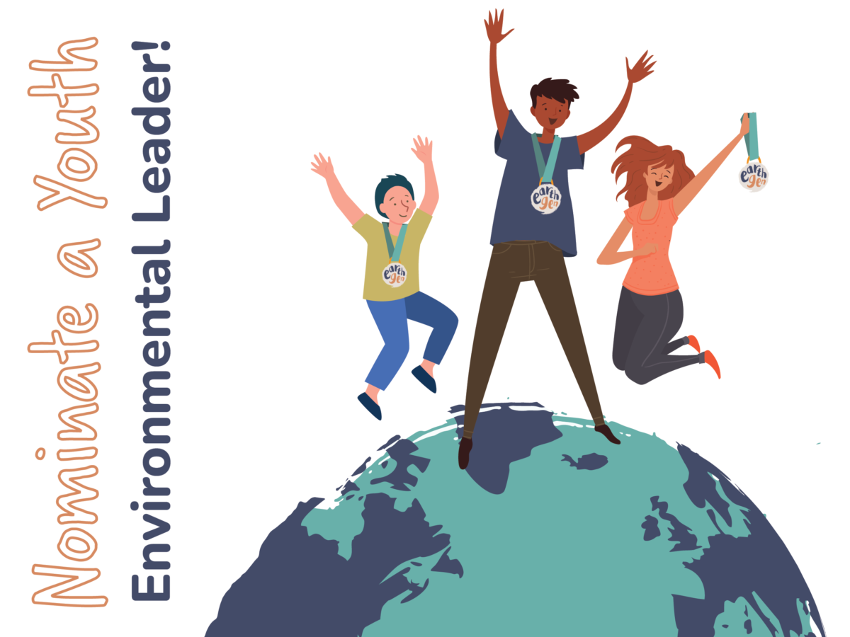 Nominate a Youth Environmental Leader! 3 cartoon students jump in the air wearing or holding EarthGen Medals