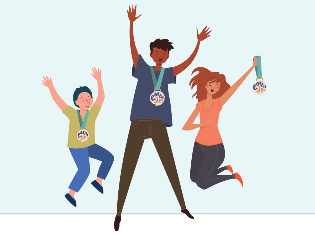 3 cartoon students jump in the air wearing or holding EarthGen Medals