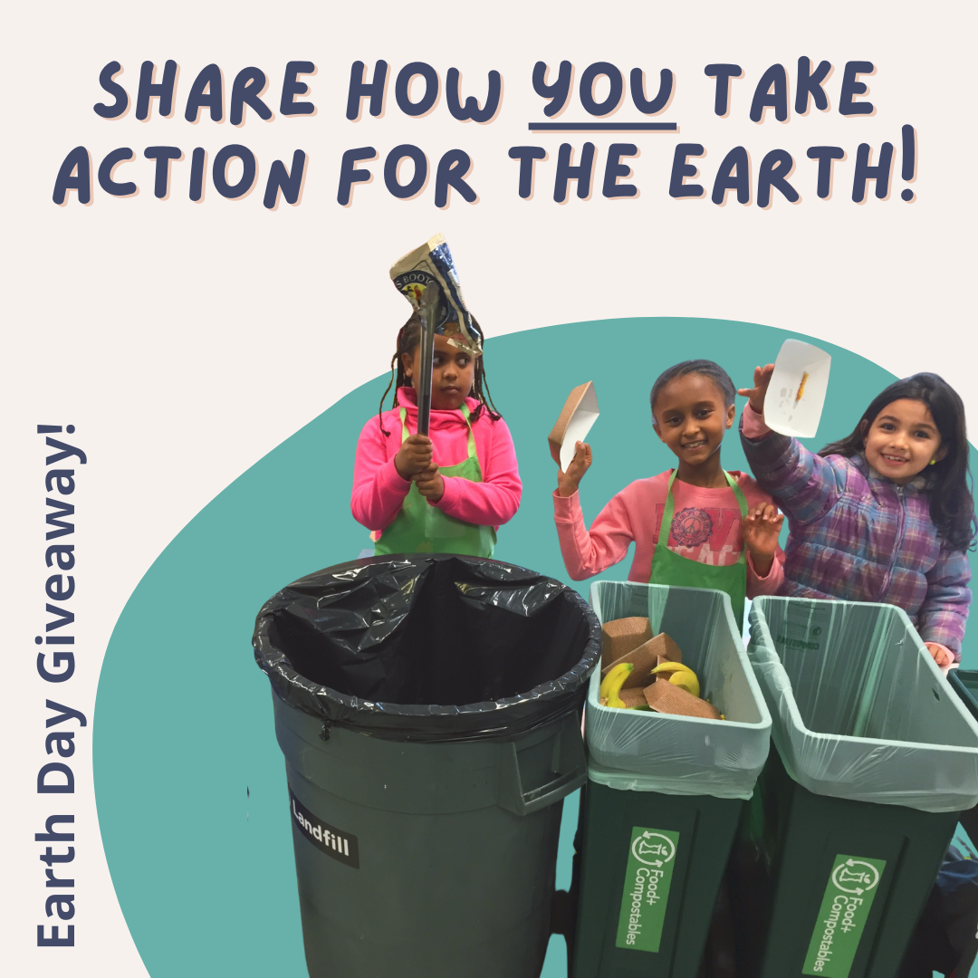 Share how you take action for the Earth! Cutout image showing students sorting their waste with a colorful circle behind.