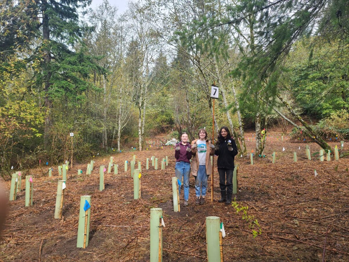 3 Camas High School students pose for a picture inside their habitat restoration project
