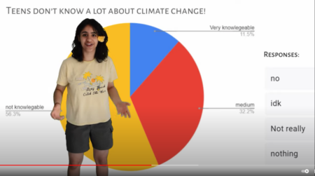 A video screeenshot shows Deja, an EarthGen Youth Fellow standing in front of a large pie chart that shows how knowledgeable teens are about climate change.