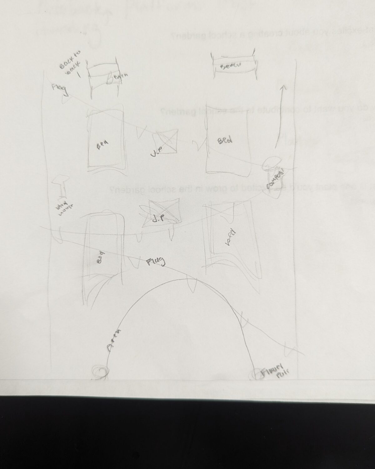 Student sketch showing the plans for a new garden space showing raised beds and an archway.